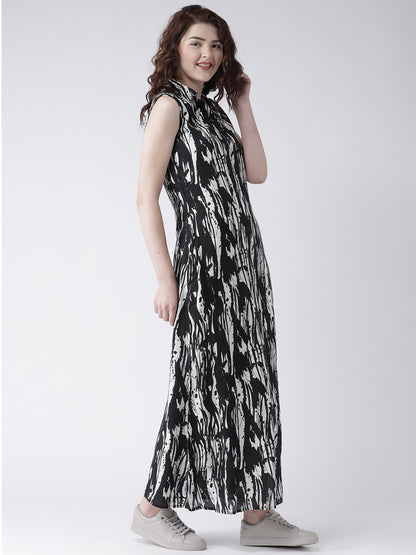 Women's Black and White Abstract Print Sleeveless Shirt Dress with Collar