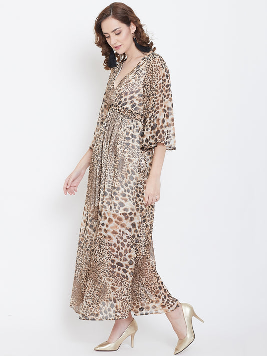 Animal Print Flowy Maxi Dress with Deep Neck and Bell Sleeves