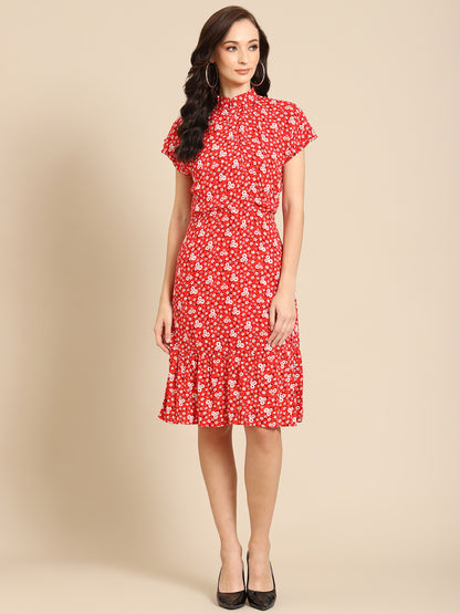 Red Floral Midi Dress for Women – High Neck Short Sleeve Summer Dress with Ruffle Hem