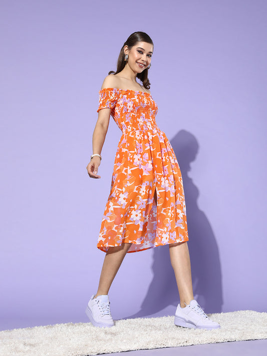 Orange Floral Smocked Off-Shoulder Dress Summer Ready Fit & Flare