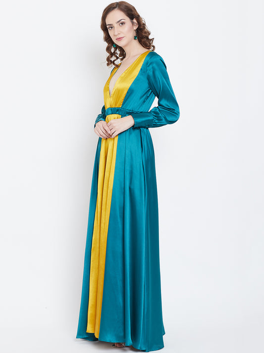 Teal and Mustard Satin Colorblock Maxi Dress with Deep V-Neck