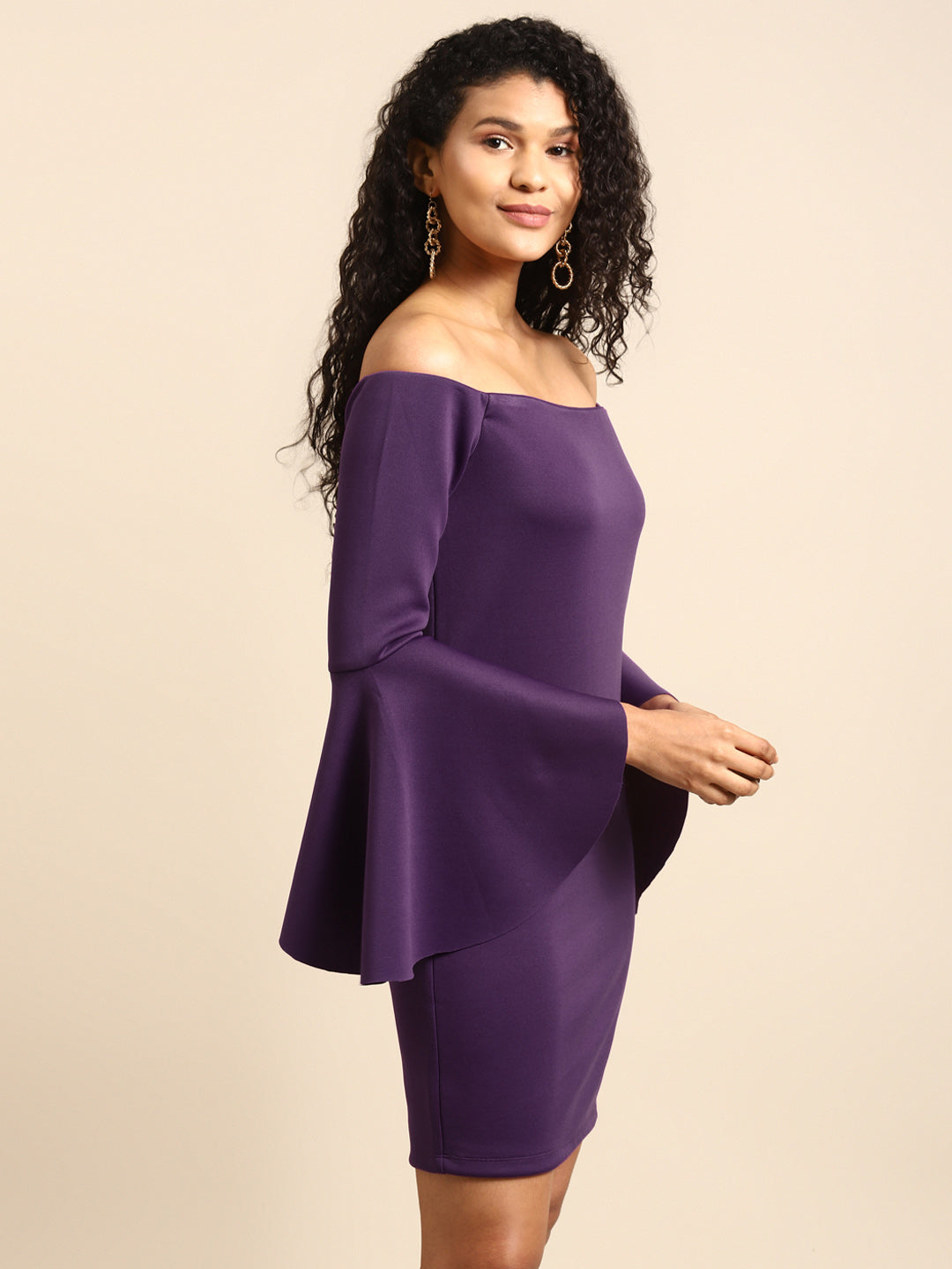 Purple Off Shoulder Bell Sleeve Bodycon Dress for Women