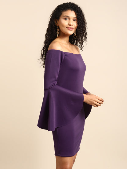Purple Off Shoulder Bell Sleeve Bodycon Dress for Women