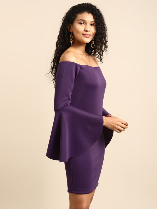 Purple Off Shoulder Bell Sleeve Bodycon Dress for Women