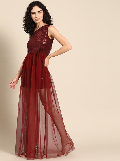 Maroon One-Shoulder Sequin Mesh Overlay Party Dress