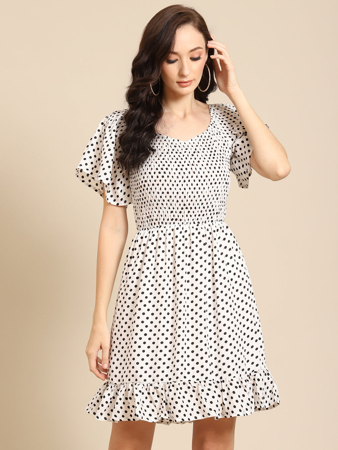 Chic Polka Dot Short Dress for Women | Ruffle Hem Smocked Fit & Flare Dress