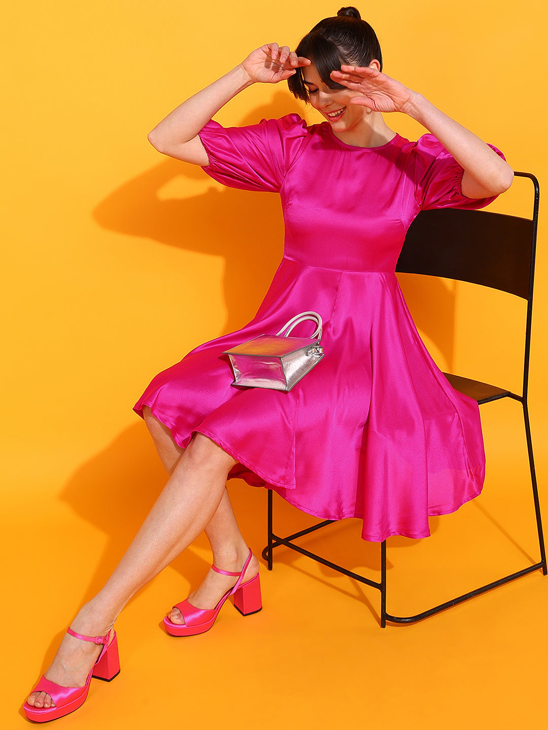 Pink Satin Flare Mini Dress for Women Puff Sleeve Party Outfit