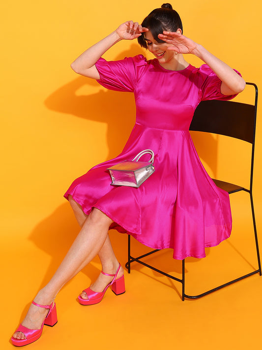 Pink Satin Flare Mini Dress for Women Puff Sleeve Party Outfit