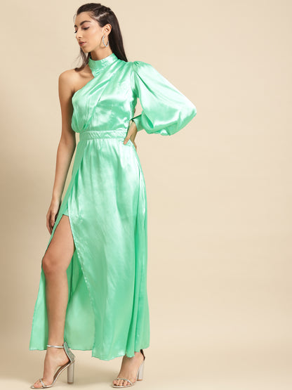 Women Mint Green One Shoulder Satin Maxi Dress With Slit