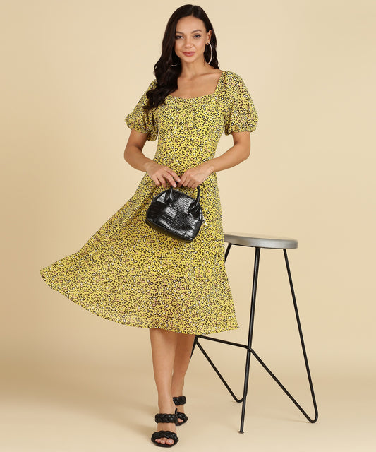 Yellow Color Animal Print Dress