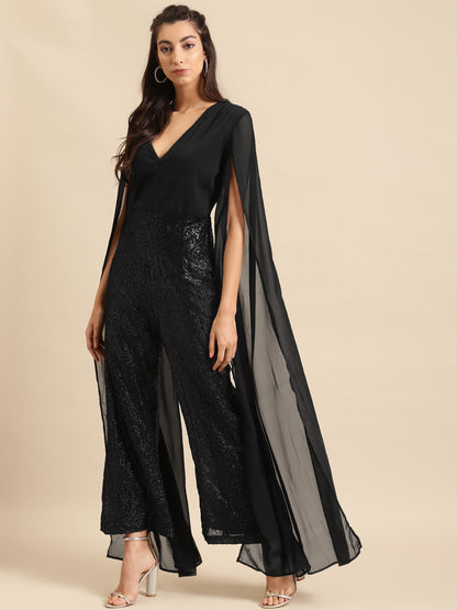 Black Sequin Cape Sleeve Jumpsuit for Women – Stylish Evening & Party Wear