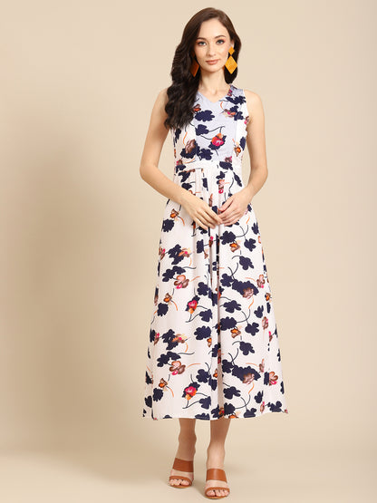 Stylish White Floral Print Sleeveless Maxi Dress for Women
