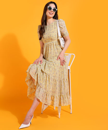 Yellow Floral Midi Dress with Puff Sleeves – Casual Summer Boho Dress for Women