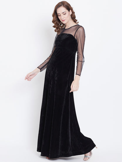 Black Floor Length Gown with Sheer Net Yoke and Sleeves