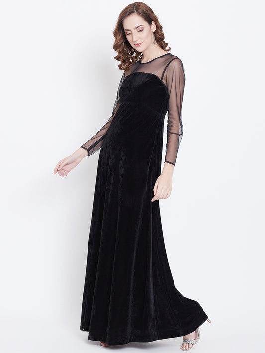 Black Floor Length Gown with Sheer Net Yoke and Sleeves