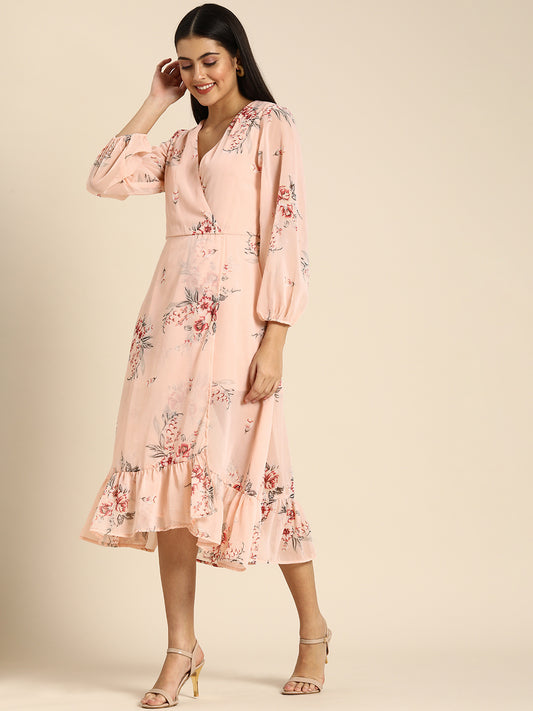 Elegant Peach Floral Midi Dress with Ruffle Hem & Puff Sleeves Romantic Daywear