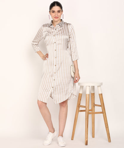Women's Beige & White Vertical Striped Shirt Dress with 3/4 Sleeves