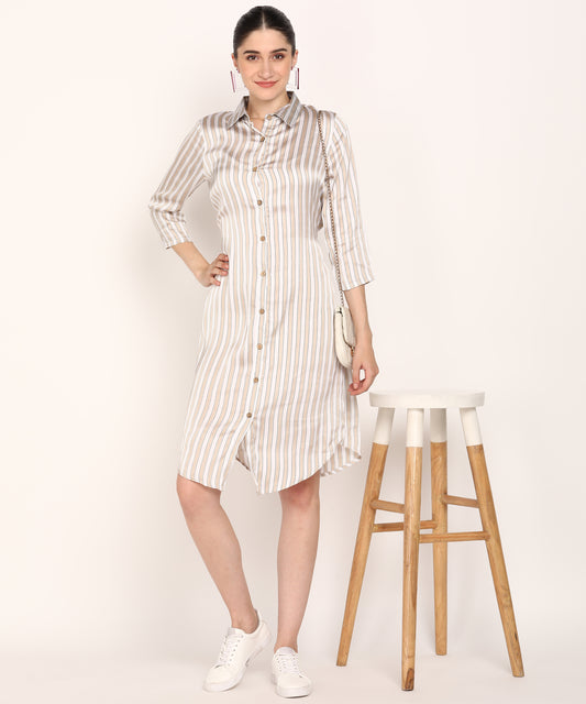 Women's Beige & White Vertical Striped Shirt Dress with 3/4 Sleeves