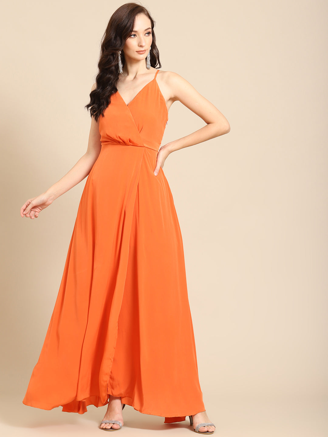 Stylish Orange Sleeveless V-Neck Maxi Dress for Women