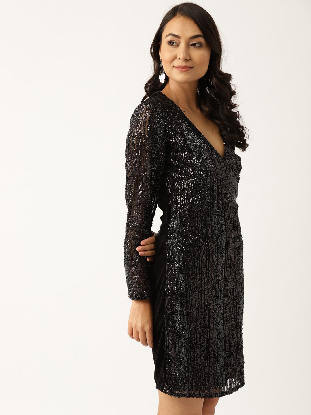 Black Sequin V-Neck Mini Dress with Long Sleeves – Glam Party Wear