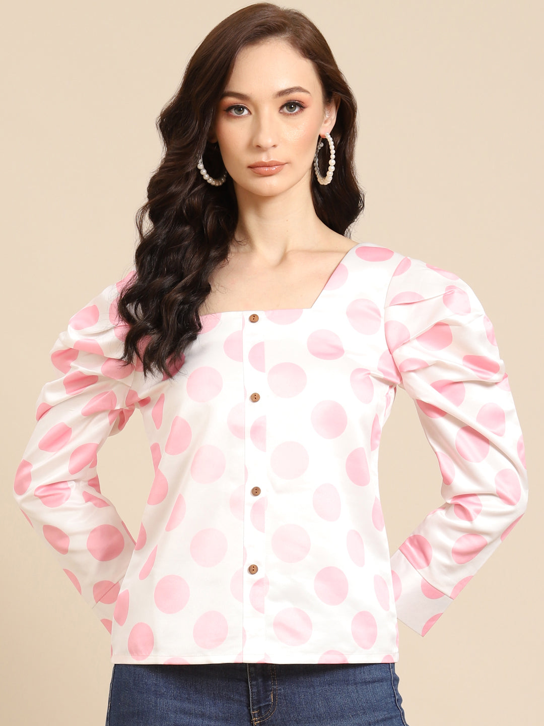 White and Pink Polka Dot Puff Sleeve Top for Women | Trendy Button Down Blouse
