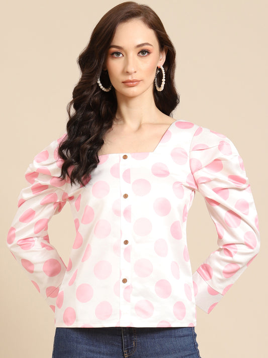 White and Pink Polka Dot Puff Sleeve Top for Women | Trendy Button Down Blouse