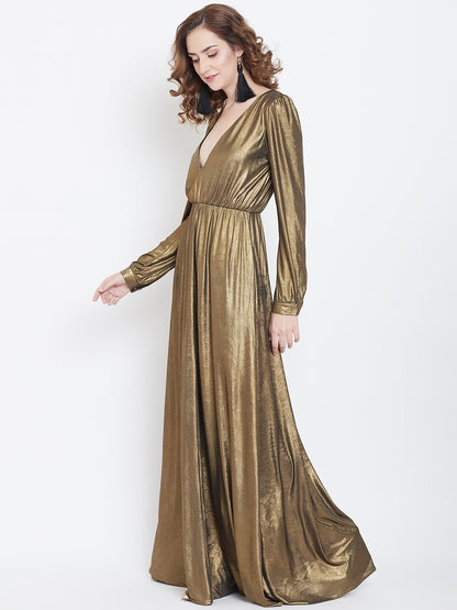 Gold Metallic Long Gown with Deep V Neck and Full Sleeves