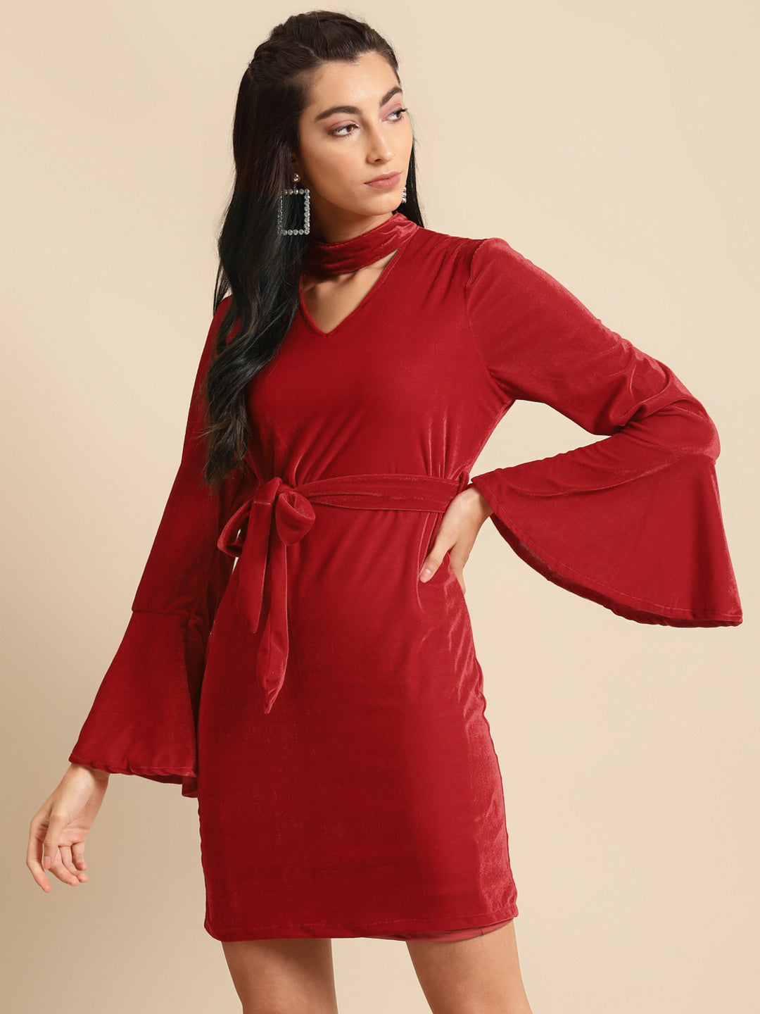 Red Velvet Bodycon Dress with Bell Sleeves and Tie-Up Waist