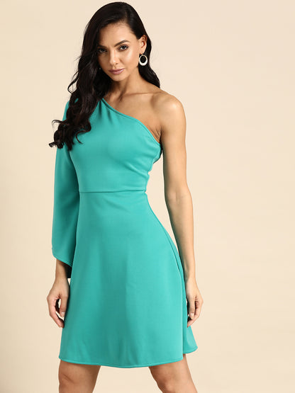 Turquoise One-Shoulder A-Line Dress for Women – Elegant Flared Sleeve Party Dress