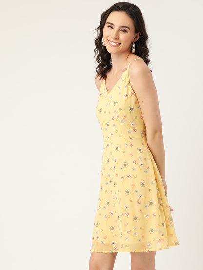 Yellow Floral Print Sleeveless A-Line Dress