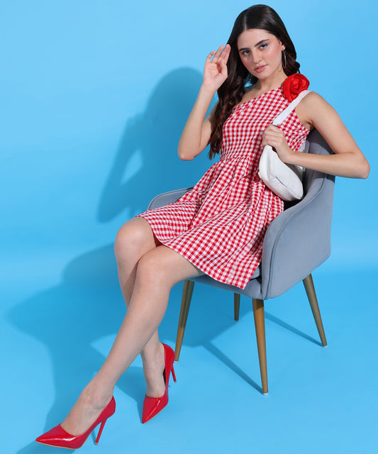 Women’s Red White Check One Shoulder Mini Dress with Floral Detail
