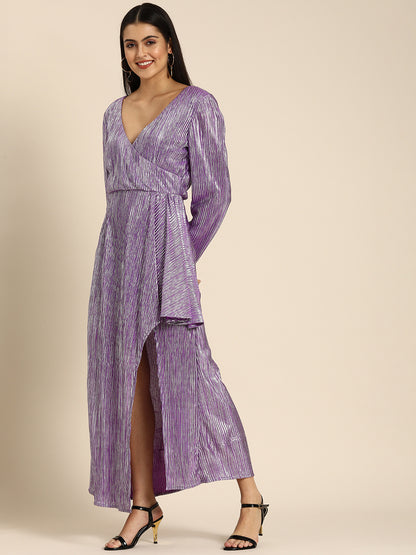 Purple Metallic Shimmer Maxi Dress with Long Sleeves & Front Slit Party Wear Glam
