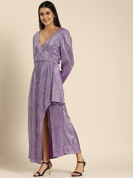 Purple Metallic Shimmer Maxi Dress with Long Sleeves & Front Slit Party Wear Glam