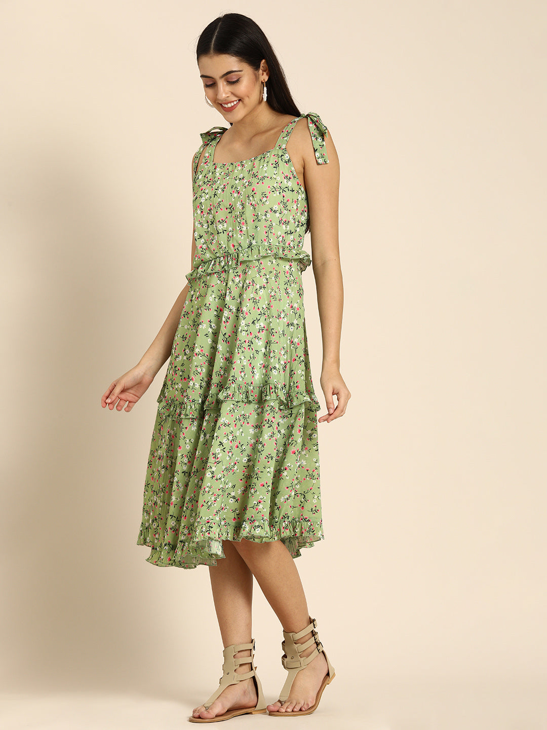 Green Floral Sleeveless Midi Dress with Tie-Up Straps-Casual Summer Wear