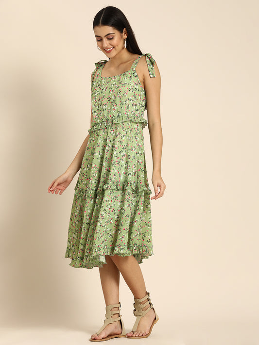 Green Floral Sleeveless Midi Dress with Tie-Up Straps-Casual Summer Wear