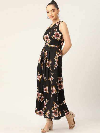 Women Black Floral Sleeveless Maxi Dress with V-Neck