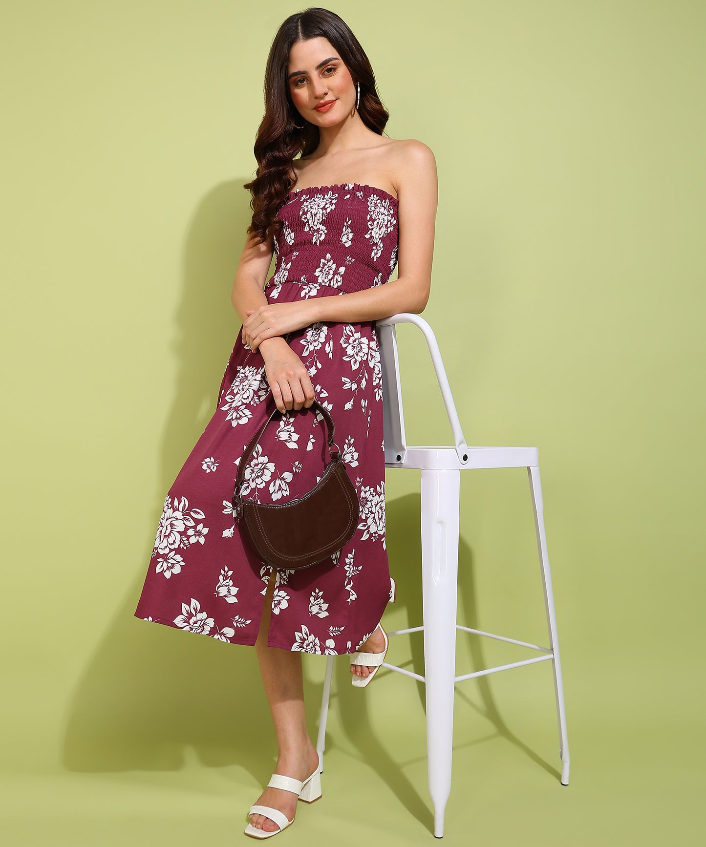 Women's Maroon Floral Strapless Smocked Midi Dress – Casual Summer Outfit