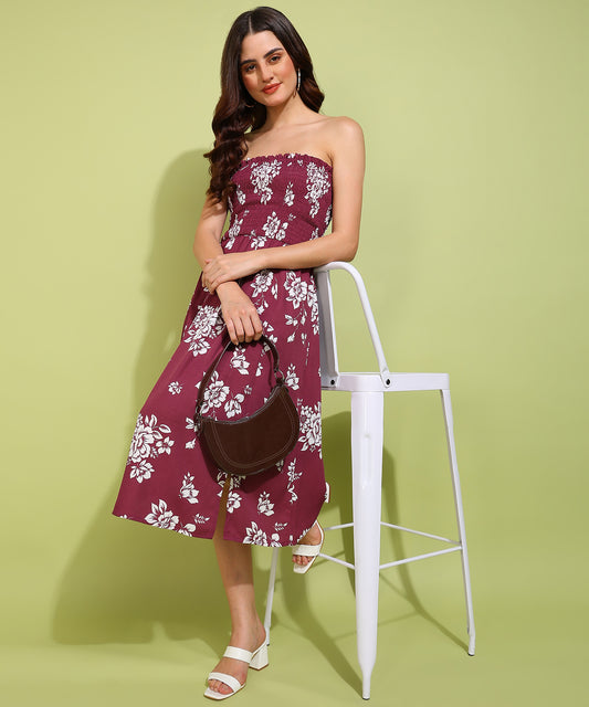 Women's Maroon Floral Strapless Smocked Midi Dress – Casual Summer Outfit