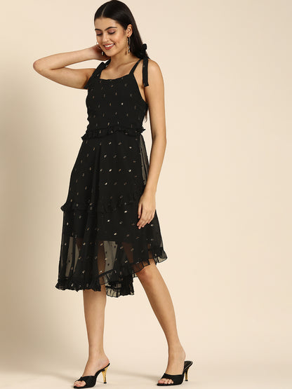 Black Sleeveless Midi Dress with Golden Foil Print and Tie-Up Straps