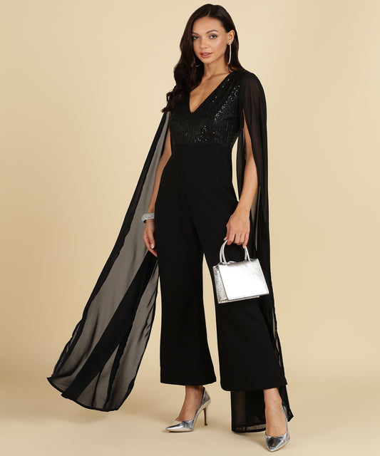 Black Sequin Glam Jumpsuit with Cape Sleeves – Party Night Ready
