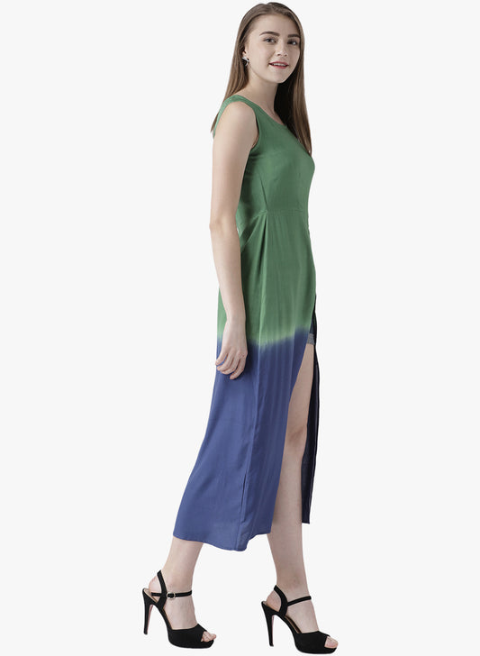 Women's Green and Blue Sleeveless Front Slit Long Kurta for Casual Fusion Look
