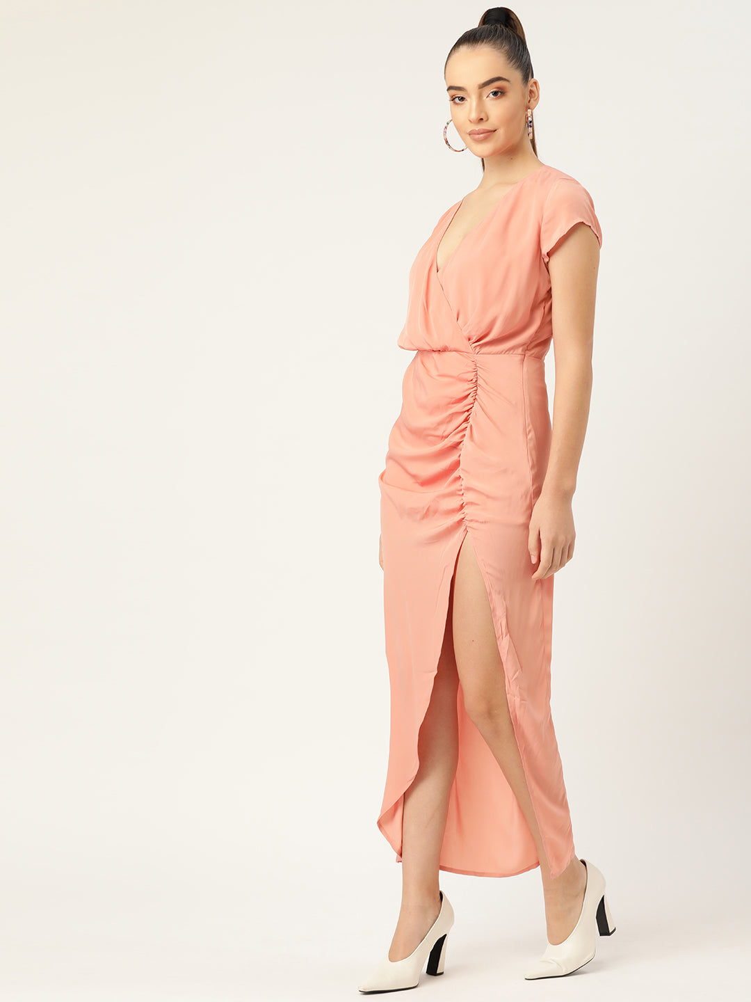 Women Peach Wrap Maxi Dress with Ruched Detail and High Slit