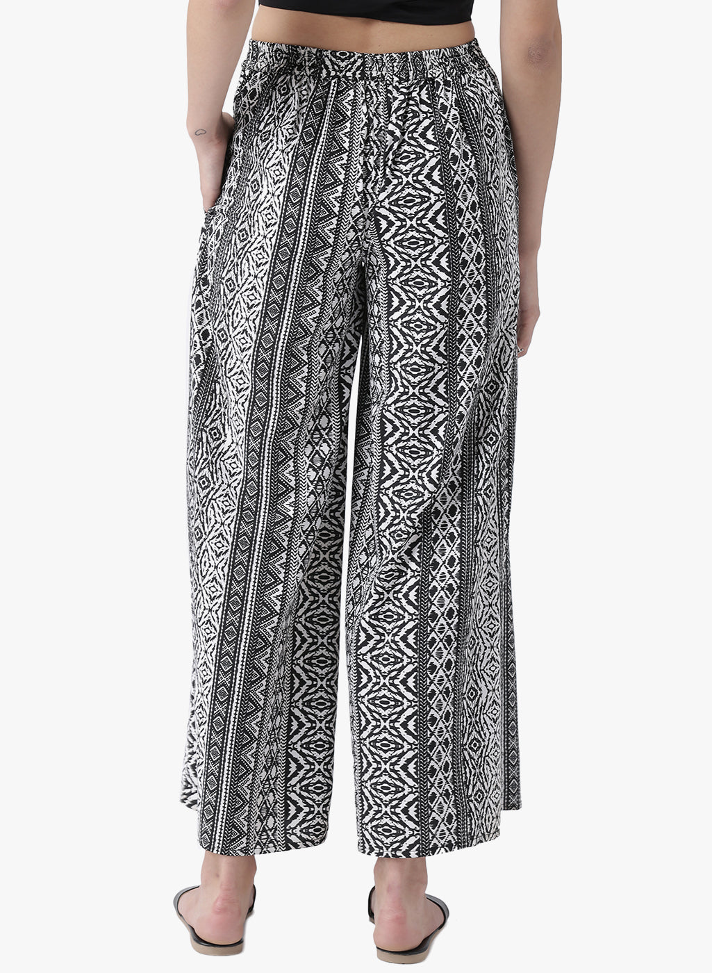 Black and White Tribal Print Wide Leg Trousers for Women