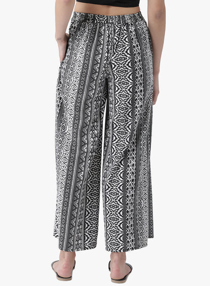 Black and White Tribal Print Wide Leg Trousers for Women