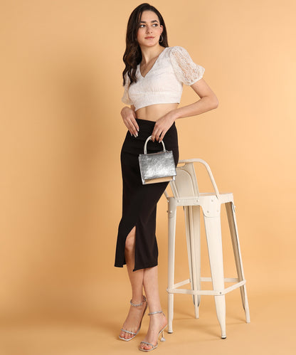White Lace Puff Sleeve Crop Top for Women with V-Neck