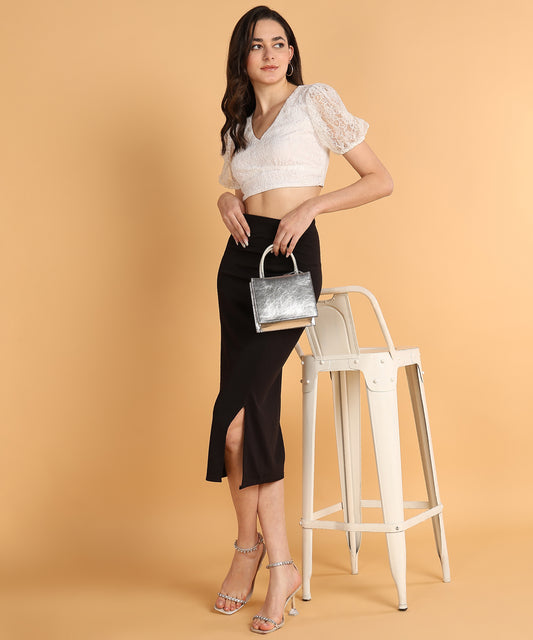 White Lace Puff Sleeve Crop Top for Women with V-Neck