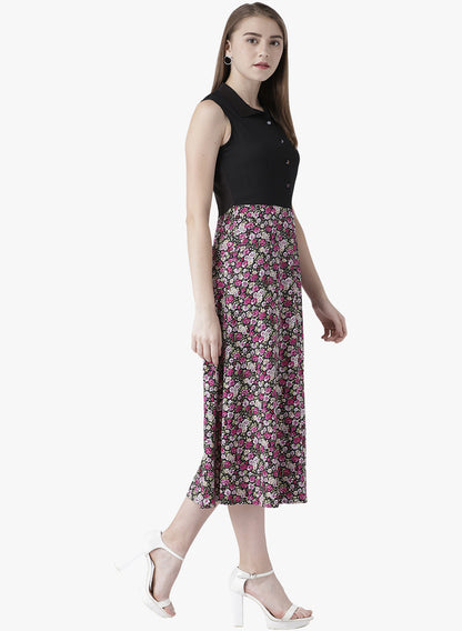 Women's Sleeveless Black and Floral Midi Dress