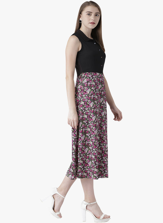 Women's Sleeveless Black and Floral Midi Dress