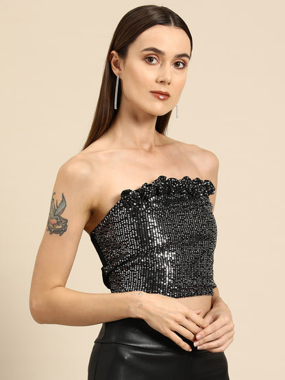 Black Sequin Strapless Crop Top with Floral Neckline Detailing for Women