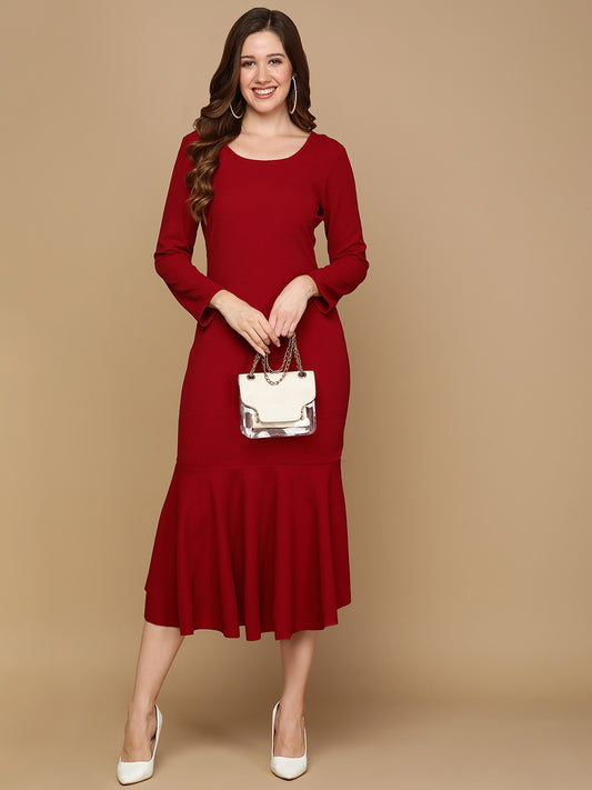 Elegant Maroon Bodycon Midi Dress for Women with Flared Hem | Party Wear